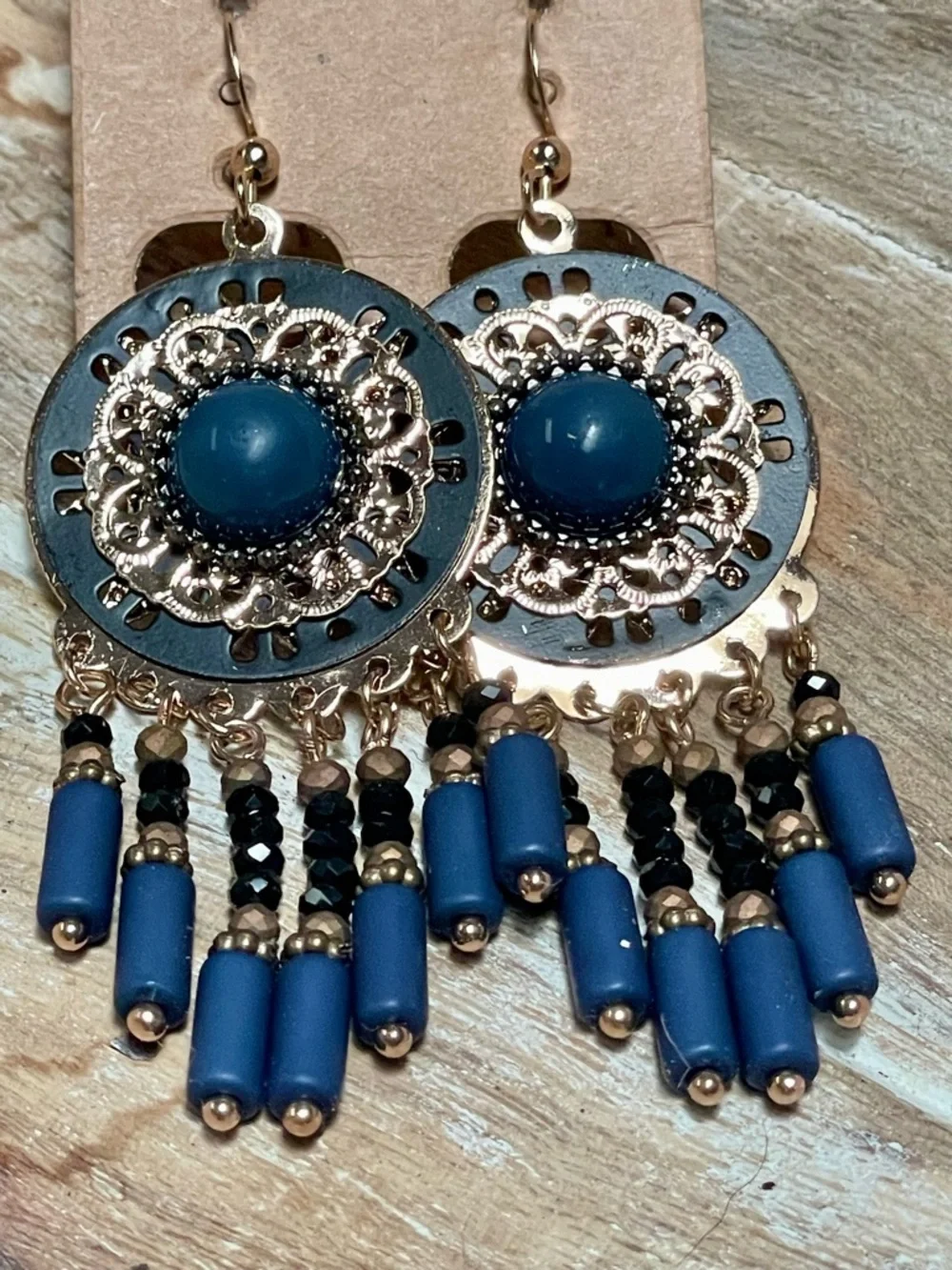Blue and Gold Filigree Beaded Boho Dangle Earrings